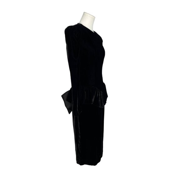 Vtg 80s Wayne Clark Black Velvet Dress With Puff Sleeves & Bow Back Detail Sz 4 - Picture 2 of 9